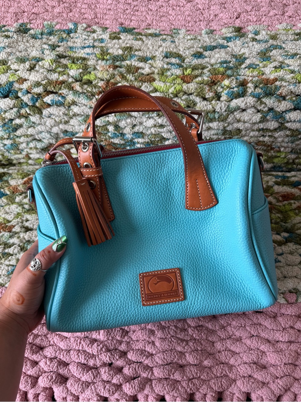 Dooney & Bourke Turquoise Leather Satchel with Tan Trim and Tassel